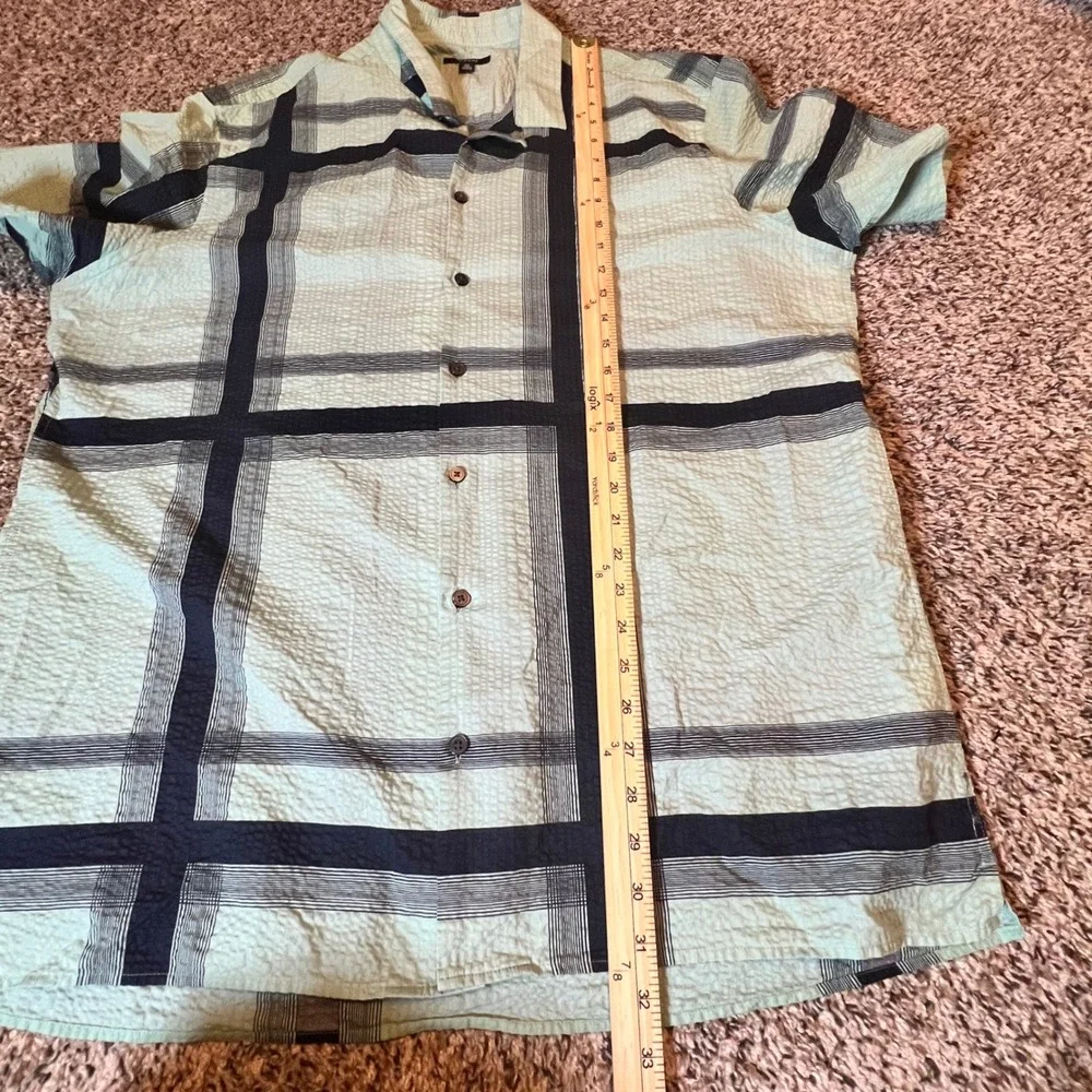 Alfani Men XXL Mint Green Navy Plaid‎ Seersucker Short Sleeve Button Up Shirt